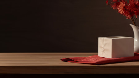 a white vase with red leaves and a box are placed on a table in the living room. the photo captures the essence of chinese new year festivities with its minimalist background in dark brown and red. the image is digitally enhanced, showcasing the use of fabric and shot in the style of tamron 24mm f28 di iii osd m12 lens. ai generatedの素材