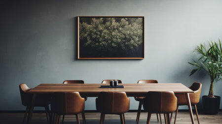 a dining room layout featuring chairs and a table, with wooden walls and a painting in the style of fujifilm natura 1600. the minimalist art showcases highly detailed foliage, creating moody and tranquil scenes reminiscent of the helsinki school. the dark teal and light brown color scheme adds a touch of precisionist art to the overall aesthetic. ai generatedの素材