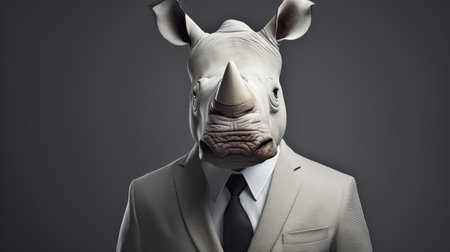 a rhino wearing a suit and tie is depicted in this conceptual portraiture photo. the image showcases a blend of dark white and light beige tones, creating an edgy surrealistic atmosphere. created using zbrush, the artwork combines elements of corporate punk and unconventional aspect ratios. the rhino's presence is juxtaposed with life-like avian illustrations, adding a unique touch to the composition. ai generatedの素材