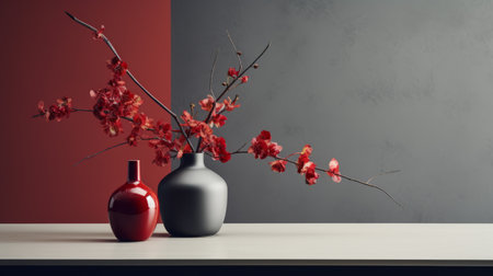 red flowers in a vase on a white table, showcasing an oriental minimalism style with a dark gray and dark black backdrop. the lifelike renderings of the flowers create a visually striking image. the use of ephemeral materials and minimalist staging enhances the overall aesthetic. the bold and tonalist color scheme adds depth and intrigue to the composition. ai generatedの素材
