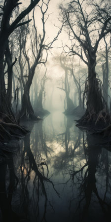 a photo showcasing foggy water with trees, creating a dark fantasy atmosphere. this national geographic image captures realistic and hyper-detailed renderings of the scene. the style is southern gothic-inspired, with immersive environments and mirrored realms. the photo is characterized by dramatic light and shadow, adding to its captivating appeal. ai generatedの素材