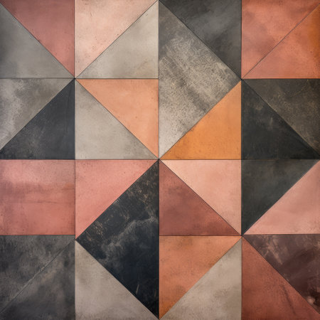 an abstract minimalistic composition of an orange, brown, and gray tiled floor adorned with colorful pieces. the floor showcases elements of industrial minimalism, with folded planes and distressed materials. the overall design exudes a monochromatic symmetry, with a touch of light pink and dark bronze accents. this terracotta-inspired floor is a stunning example of modern aesthetics. ai generatedの素材