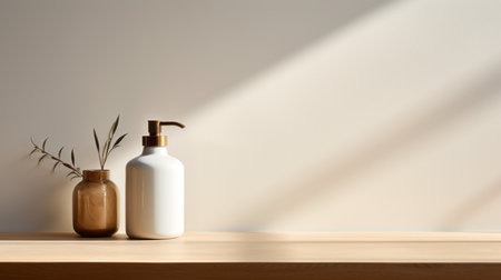 soap bottle on wooden desk with white bowl and flower, bath accessories in natural light. realistic and hyper-detailed rendering of minimalist figures. golden light enhances the earth tones. atey ghailan's creative commons attribution artwork showcases a captivating blend of dark, white, and beige hues. ai generatedの素材
