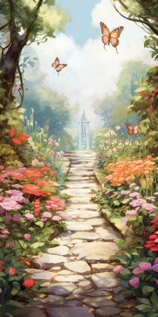 a paved path adorned with intricate and delicate flower and garden paintings, reminiscent of the artistic styles of andreas rocha, john tenniel, and dmitry spiros. the path is bathed in a soft, light crimson and light aquamarine color palette, creating a romantic and serene atmosphere. the paintings are characterized by their romanesque influences and executed with soft brush strokes. ai generatedの素材