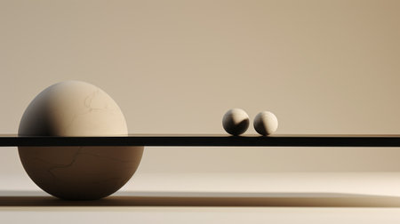 two eggs, placed side by side, create a conceptual minimalist sculpture. the earth tone color palette of light black and beige enhances the classical balance of the composition. the luminous spheres exude a sense of symmetry, while the asymmetric balance adds an intriguing touch to the overall aesthetic. ai generatedの素材