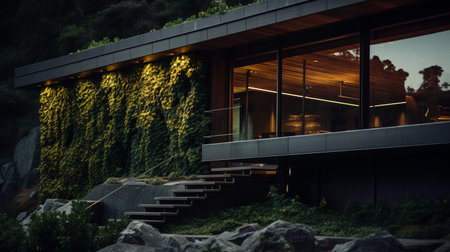 contemporary house featuring green plants and stairs in front, inspired by the style of jessica rossier. this 32k uhd photograph showcases a moody lighting that complements the norwegian nature surrounding the property. the dark gray and amber color scheme, reminiscent of the vancouver school, perfectly harmonizes with the stunning mountainous vistas in the background. ai generatedの素材