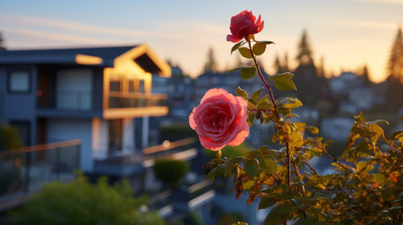 a pink rose gracefully adorns a rose bush, reminiscent of grandiose cityscape views. this whistlerian-inspired photograph showcases the beauty of backlit photography, capturing the essence of cabincore and suburban ennui. the timber frame construction adds a touch of rustic charm, while vray tracing enhances the visual appeal of this captivating image. ai generatedの素材