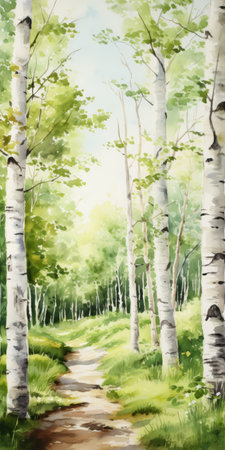 a serene pastoral scene captured in a delicate watercolor style, this painting depicts trees in a forest. the canon af35m camera beautifully captures the essence of nature, showcasing the light green and white hues. the uhd image showcases lively illustrations, bringing the tranquil beauty of the forest to life. ai generatedの素材