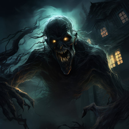 a scary monster with luminous brushwork stands in front of a house, showcasing realistic and hyper-detailed renderings. the image captures the essence of necronomicon illustrations, with its dark gray tones and luminous shadows. this 32k uhd photo is available under a creative commons attribution license. ai generatedの素材