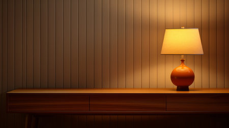 a lamp sits on a light colored wooden table in this stock video. the style is a mix of realistic yet stylized elements, with dark orange and dark beige tones. the video is digitally enhanced, featuring horizontal stripes and narrative paneling. subtle lighting adds to the overall aesthetic, creating a neo-geo minimalism vibe. ai generatedの素材