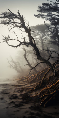 the fog-covered trees on the beach create a surreal and hauntingly beautiful scene. with their twisted branches and moody colors, they evoke a sense of mystery and intrigue. the sun peeks through the mist, adding a touch of warmth to the otherwise eerie landscape. this image captures the essence of organic forms and romantic riverscapes, creating an epic fantasy scene that is both captivating andの素材
