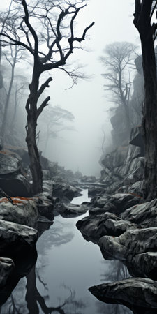 water cascades over jagged rocks in this dark and spooky-themed photo. the naturalistic rendering captures ethereal trees and haunting shadows, reminiscent of xbox 360 graphics. the misty atmosphere adds to the wilderness, creating a captivating and mysterious scene. ai generatedの素材