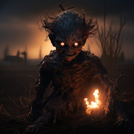 the troll, captured in a captivating wallpaper, showcases the dark realms. shot with the tamron 24mm f/2.8 di iii osd m12 lens, the image features a lens flare effect, adding an eerie touch. with a halloween theme, the troll's burned and charred appearance adds to its charm. this national geographic-style photo captures the essence of suburban ennui. ai generatedの素材