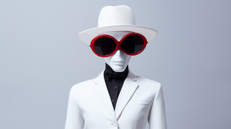 a white jacket and hat, inspired by sculptural pop art and optical illusionism, create a striking visual effect. the vibrant red color adds a bold touch, while the frontal perspective enhances the sci-fi spectacle. the slender design and playful minimalism make this ensemble truly eye-catching. ai generatedの素材