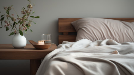 a bed placed on a table, adorned with flowers in a vase, captured in soft renderings and enhanced by atmospheric lighting. this photo showcases a zen minimalistic style, featuring wood elements and a soothing color palette with muted, earthy tones. the use of fabric adds a touch of warmth and comfort to the scene. enjoy the 8k resolution for a truly immersive viewing experience. aiの素材
