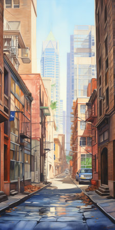 an illustration of an empty street in an animated city, featuring precisionist lines and shapes reminiscent of realistic figurative painting. this oil on panel artwork captures the essence of the san francisco renaissance, showcasing colorful cityscapes with industrial angles and delicate washes. ai generatedの素材