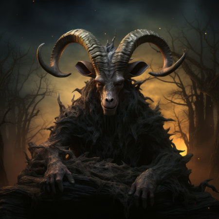 a large goat rests on the ground under a dark sky, reminiscent of illustrations from the necronomicon. this high-resolution photo showcases layered fibers and a striking contrast between light and dark. influenced by artists such as barthel bruyn the elder, dmitry kustanovich, and andreas rocha. ai generatedの素材