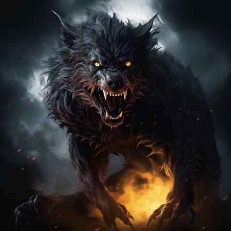 a werewolf android wallpaper is available for free download. the wallpaper features luminous brushwork, with a combination of dark gray and amber colors. the style is reminiscent of traditional oil painting, showcasing the intensity of the animal. it also draws inspiration from gritty horror comics and realistic still lifes with dramatic lighting. this unique wallpaper captures the essence of angura kei. ai generatedの素材
