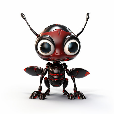 a black and red robot ant illustration, with shiny eyes and organic sculpting, in the style of lensbaby optics. this royalty-free clipart has a caricature-like appearance, exuding childlike innocence and charm. the character is characterized by its animal-like features. ai generatedの素材
