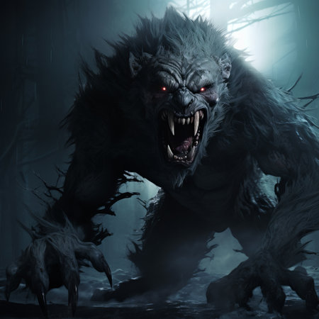 a stunning hd artwork featuring a werewolf and wolf in the style of olivier valsecchi. this hyper-realistic illustration showcases the unreal engine 5 technology, digitally enhancing the dark white and dark indigo tones. the manticore and eerie landscapes add an extra touch of mystery to this captivating wallpaper and picture collection. ai generatedの素材