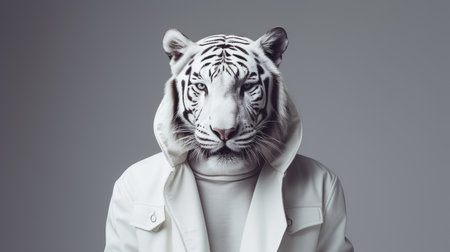 a white tiger wearing a white fur hat is captured in this fashion photography style image by sacha goldberger. the hyper-realistic sci-fi vibe is enhanced by the double exposure technique, showcasing simplistic characters. the crisp and clean look of the close-up shot adds to the overall impact of this captivating photo. ai generatedの素材
