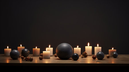 dark candles arranged in a circle on a table, set against a black backdrop. the candles resemble spherical sculptures and exude a 20th-century scandinavian style. the earth tone color palette and tactile surfaces add to the overall aesthetic. with a touch of halloween vibes, the use of raw materials like wood enhances the rustic charm of the composition. ai generatedの素材
