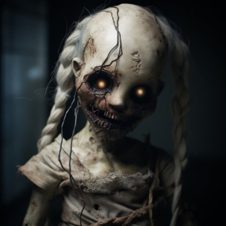 a close-up image of a 1/18 scale zombie doll, created using cinema4d and captured with a tokina at-x 11-16mm f/2.8 pro dx ii lens. the doll, made entirely of wire, exudes a gothic dark intensity and harsh realism. this high-resolution uhd photo showcases the intricate details and eerie atmosphere of the doll. ai generatedの素材