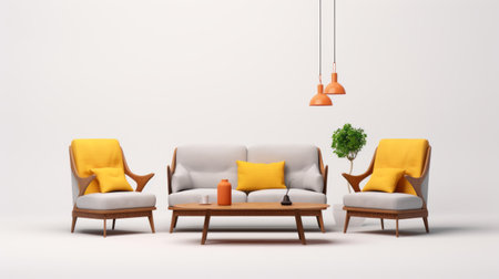 living room chairs and table on a grey background. the midcentury modern style is enhanced by the light yellow and light orange hues. the vibrant and lively ambiance is further accentuated by the captivating lighting. the wood elements add warmth to the scene. ai generatedの素材