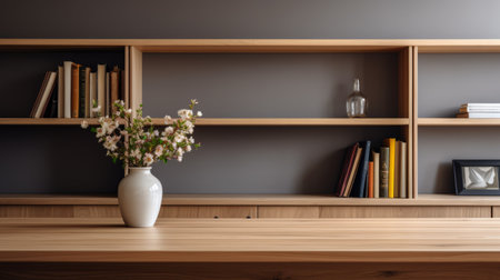 a photo of elegantly formal bookcases featuring a vase of flowers and a vase of green and white flowers. the style is inspired by japanese minimalism, with a combination of dark gray and light brown tones. this study place is designed with 8k resolution, showcasing the beauty of the wood and paying homage to the artist peder balke. ai generatedの素材