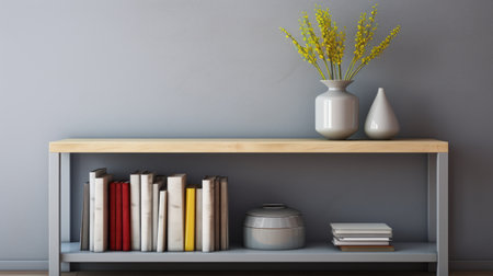 a white shelf displays a vase and books, creating a minimalist composition. the dark gray and yellow color scheme adds a touch of sophistication, while the light gray and red accents bring a pop of color. the design follows a sketchfab, anti-clutter approach, featuring minimalist aesthetics and a colorized, pastel palette. ai generatedの素材