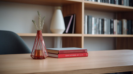 the small table in the reading room is a perfect blend of y2k aesthetic and simple elegance. with its light red and light bronze color scheme, it adds a touch of sophistication to the space. the geometric aesthetics and engineering construction design make it a standout piece. the table's light gray and crimson hues further enhance its visual appeal. ai generatedの素材