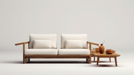 the photo depicts a minimalist living room featuring a white couch and table placed on a white floor. the design is inspired by asian aesthetics and showcases high attention to detail. the use of terracotta elements adds warmth to the space. the overall ambiance is clean, simple, and harmonious, with a touch of outdoor scenes incorporated into the design. ai generatedの素材