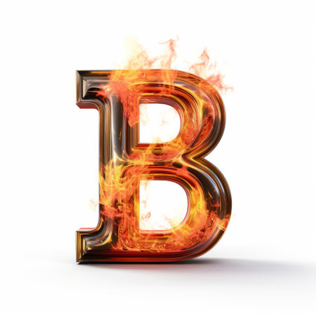 the 2d letter "b" is depicted in flames, creating a visually striking image. set against a white background, the flames and fire add a dynamic element to the letter. this artwork combines elements of humor and digital enhancement, showcasing the artist's skill in creating a reductionist form. the use of glass as a material further enhances the beauty of this unique piece. ai generatedの素材