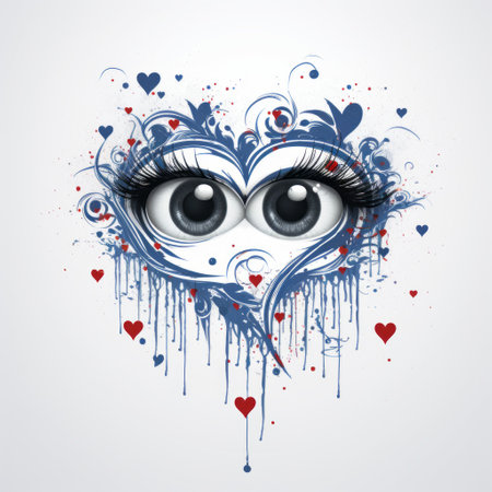 an eye with voluminous eyelashes and hearts within, featuring drips and splatters in a romantic and emotive style. the combination of light red and dark blue creates a captivating contrast, while distortion and fragmentation add an urban fairy tale touch. this image exudes a melting, lovecore aesthetic. ai generatedの素材