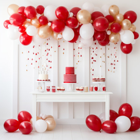 red, white, and gold balloons create a vibrant and festive atmosphere as they hang gracefully on a table. the color gradient of light white and light red adds depth to the monochromatic palette. this multi-layered display combines humor and heart, resulting in lively tableaus that perfectly complement the monochromatic color scheme. ai generatedの素材