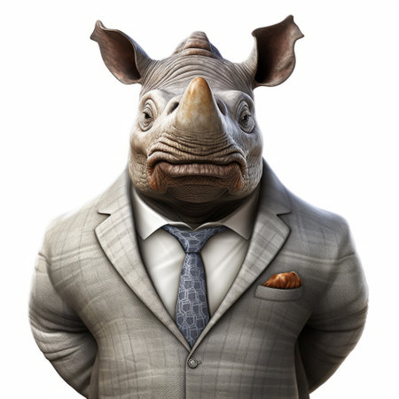 a rhino wearing a suit and tie is depicted in this photo, created using photo-realistic techniques. the image combines elements of cartoon-like characters, dinocore, bronzepunk, and edgy political commentary. it also draws inspiration from the artistic style of hurufiyya, resulting in twisted and unique characters. ai generatedの素材