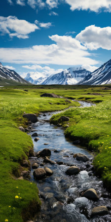 a creek meandering through lush green grass, reminiscent of breathtaking mountainous vistas. captured with the vibrant colors of fujifilm eterna vivid 500t, this photograph showcases expansive landscapes with light yellow and green hues. its vibrant color fields and stunning composition make it a contest winner. ai generatedの素材