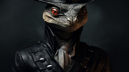 an animallike creature wearing a black cap and leather jacket poses for a hyper-realistic sci-fi portrait. this unique character design combines elements of dragoncore and 18th-century aesthetics, resulting in a photographically detailed and inventive portrayal. the figura serpentinata style adds an intriguing twist to this frogcore-inspired image. ai generatedの素材