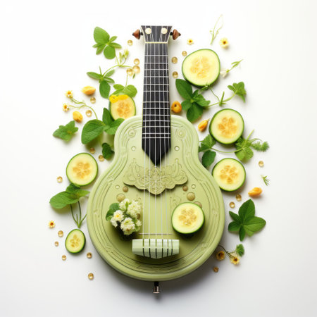 a photo of a unique and artistic mashup by jon van kesteren, featuring avocado, cucumber, spinach, and cucumber ukulele. inspired by lush baroque still lifes, this traditional vietnamese-style image showcases delicate constructions made of flowers. captured with an iso of 200, the matte finish adds a touch of elegance to this electric composition. ai generatedの素材