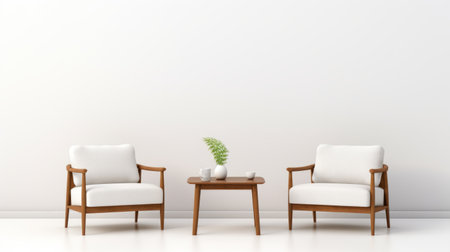 two chairs in neutral tones are placed in a minimalist and zen-inspired decor. the 8k resolution image showcases the purity of minimalist design, with a touch of american mid-century influence. the minimalist staging highlights the chairs against a white background, while the traditional color scheme adds a timeless touch. ai generatedの素材