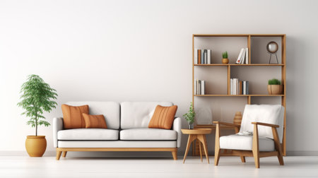 empty living room with wooden furniture and bookshelf. this 3d rendering showcases a midcentury modern style with light white and light orange tones. the room exudes a minimalist vibe with anti-clutter tendencies, featuring earthy textures and organic materials. a perfect blend of 1970s-present design elements. ai generatedの素材
