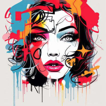 a young lady depicted in a colorful graphic art piece by the artist abcdv. the artwork showcases a paint dripping technique, comic book-style graphics, and caricature faces. the composition is eye-catching with its vibrant colors and messy yet captivating arrangement. this high-resolution artwork is a visual treat for art enthusiasts. ai generatedの素材