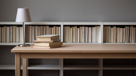 a lamp and two books are placed on a table, showcasing bibliographic anomalies. the composition features a blend of light gray and light beige tones, reflecting the essence of progressive academia. the soft-focus technique adds a touch of artistic flair, reminiscent of the helsinki school. this cabincore-inspired image captures the beauty of orderly arrangements. ai generatedの素材