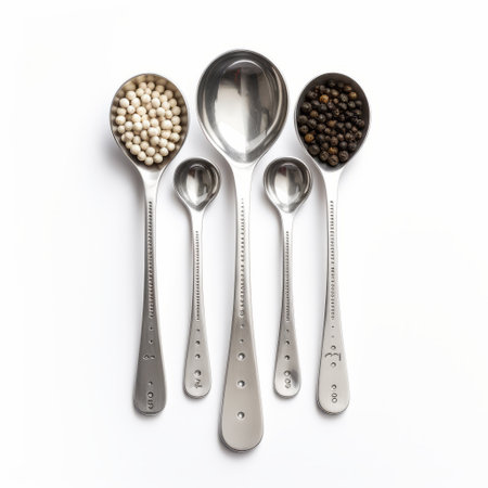four small metal measuring spoons are showcased on a table, accompanied by pepper and spices. the spoons exude a stylish aesthetic reminiscent of adox silvermax, featuring polka dots and linear simplicity. with precisionist lines and polished craftsmanship, these spoons embody the artistic influences of hurufiyya, while also incorporating social commentary. ai generatedの素材