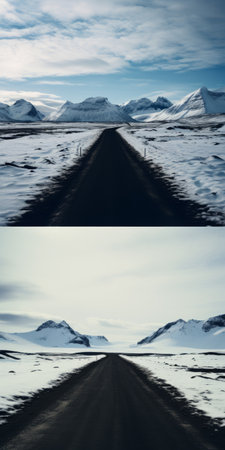 highway landscape photograph capturing the scenic journey from iceland to switzerland. this stock photo (27358244) by marta bevacqua features narrative diptychs showcasing snow scenes in dark cyan and light black tones. shot with a zeiss batis 18mm f2.8 lens, the image evokes the artistic style of richard long, combining light black and sky-blue hues. ai generatedの素材