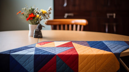 a quilt with bold colors and dynamic lines is displayed on a table. the quilt features a dark sky-blue and light amber design, showcasing a midcentury modern style. flowers are placed on top of the quilt, adding a touch of elegance. the photograph utilizes focus stacking and incorporates frequent use of diagonals, creating a visually striking composition. the helios 44-2 58mm f2 lens captures theの素材