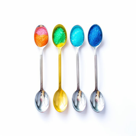 spoons filled with various colored sprinkles resembling saturated pigment pools, made of liquid metal, against a white background. the vibrant color-blocking and symbolic props create a visually striking image. the spoons appear to be coated with luminous watercolors and have a chrome-plated finish. ai generatedの素材