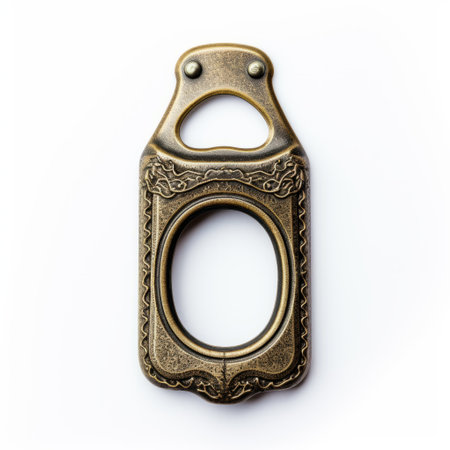 antique art deco frame featuring a vintage ornate metal key fob pull photo. this stunning piece, inspired by the style of fujifilm xf 56mm f12 r lens and matthias haker, is packed with hidden details and showcases irregular curvilinear forms. against a white background, the frame is adorned with a dark gold finish, created by the talented artist johnson tsang. ai generatedの素材