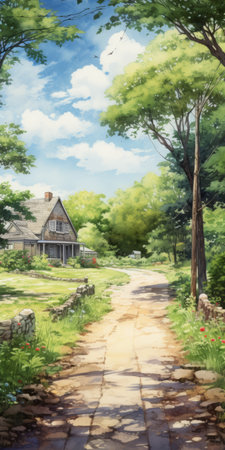 anime wallpaper featuring a charming house surrounded by flowering trees, beautifully capturing the interplay of light and shadow. this en plein air artwork by miwa komatsu showcases idyllic rural scenes with a touch of manga influence. enjoy the hd quality and immerse yourself in the picturesque world created by emilia wilk. ai generatedの素材