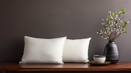 pillow inserts arranged neatly on a wooden table, accompanied by a white vase and a cup of coffee placed at the edge. this stock photo showcases a subtle tonal palette and precise lines, creating a visually appealing composition. ai generatedの素材